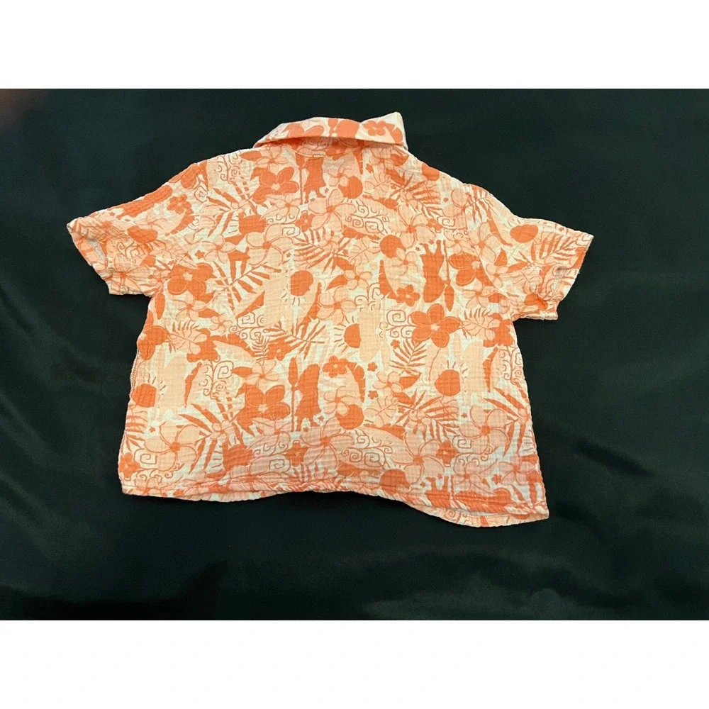 Disney Moana 2 Girls Orange‎ Tropical Floral Cotton Gauze Button Shirt L 10/12